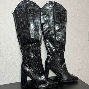 Black Croc Knee High Western Boots